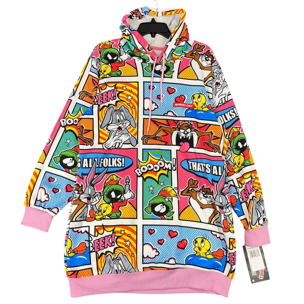 Looney Tunes Hoodie Dress Members Only Comic Strip Bold Print Womens L